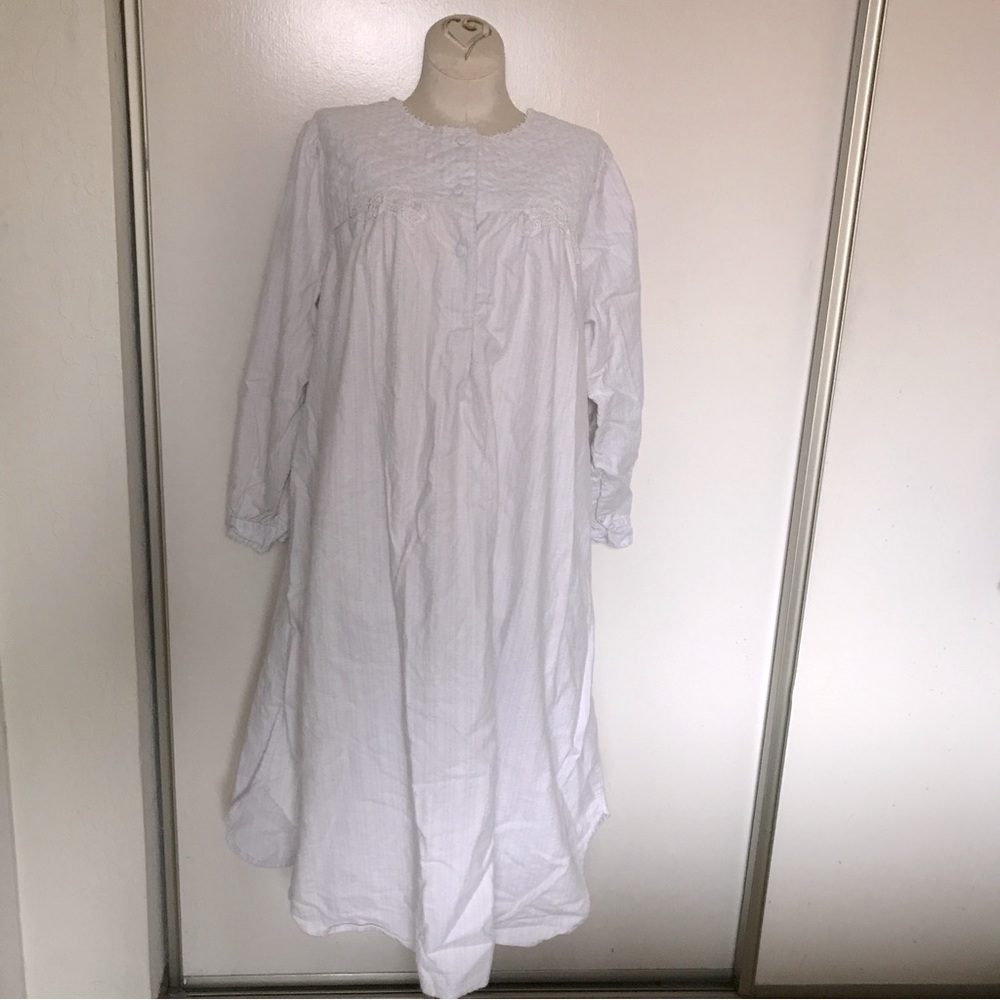 VTG R. O. C. Polka Dot Stripes Sleep Gown Nightgown White Blue Peach Fuzz S